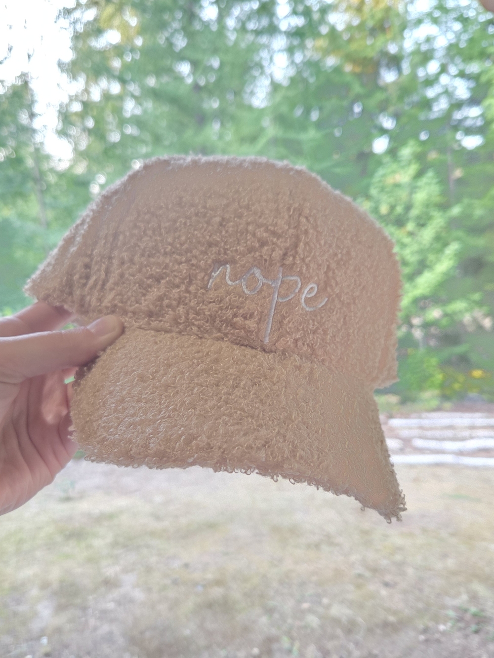 "Nope" Embroidered Bouclé Baseball Cap - Beige Ballcap